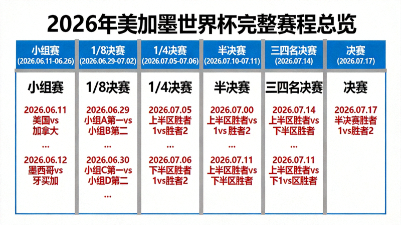 2026年美加墨世界杯完整赛程总览图 - 包含小组赛、1/8决赛、1/4决赛、半决赛、三四名决赛及决赛所有日期对阵